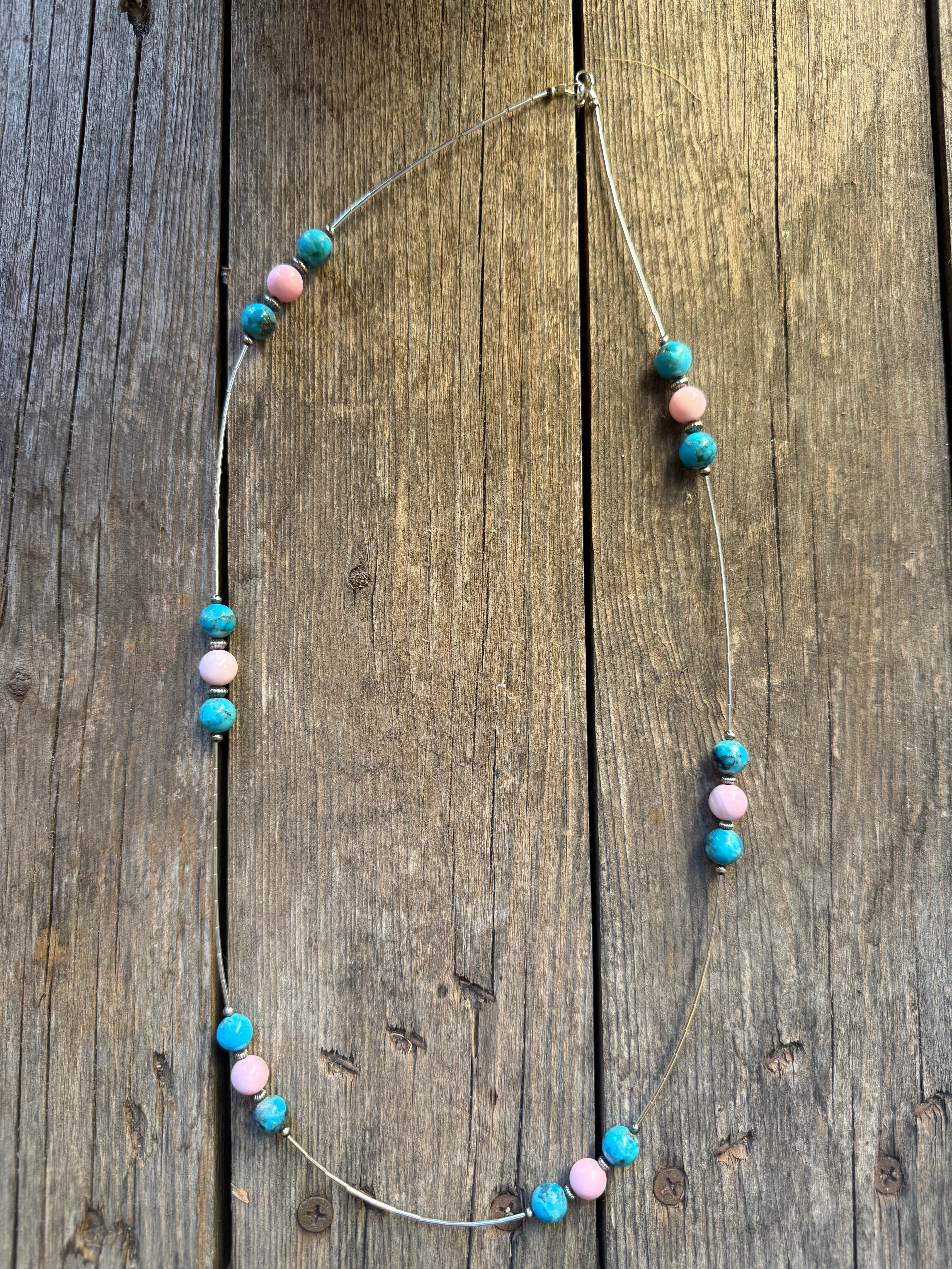 Pink conch and kingman turquoise liquid silver necklace