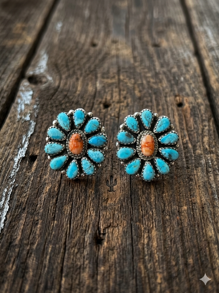 Turquoise Spiney Oyster Cluster Earrings