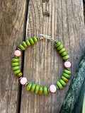 Pink conch and green mohave bracelet