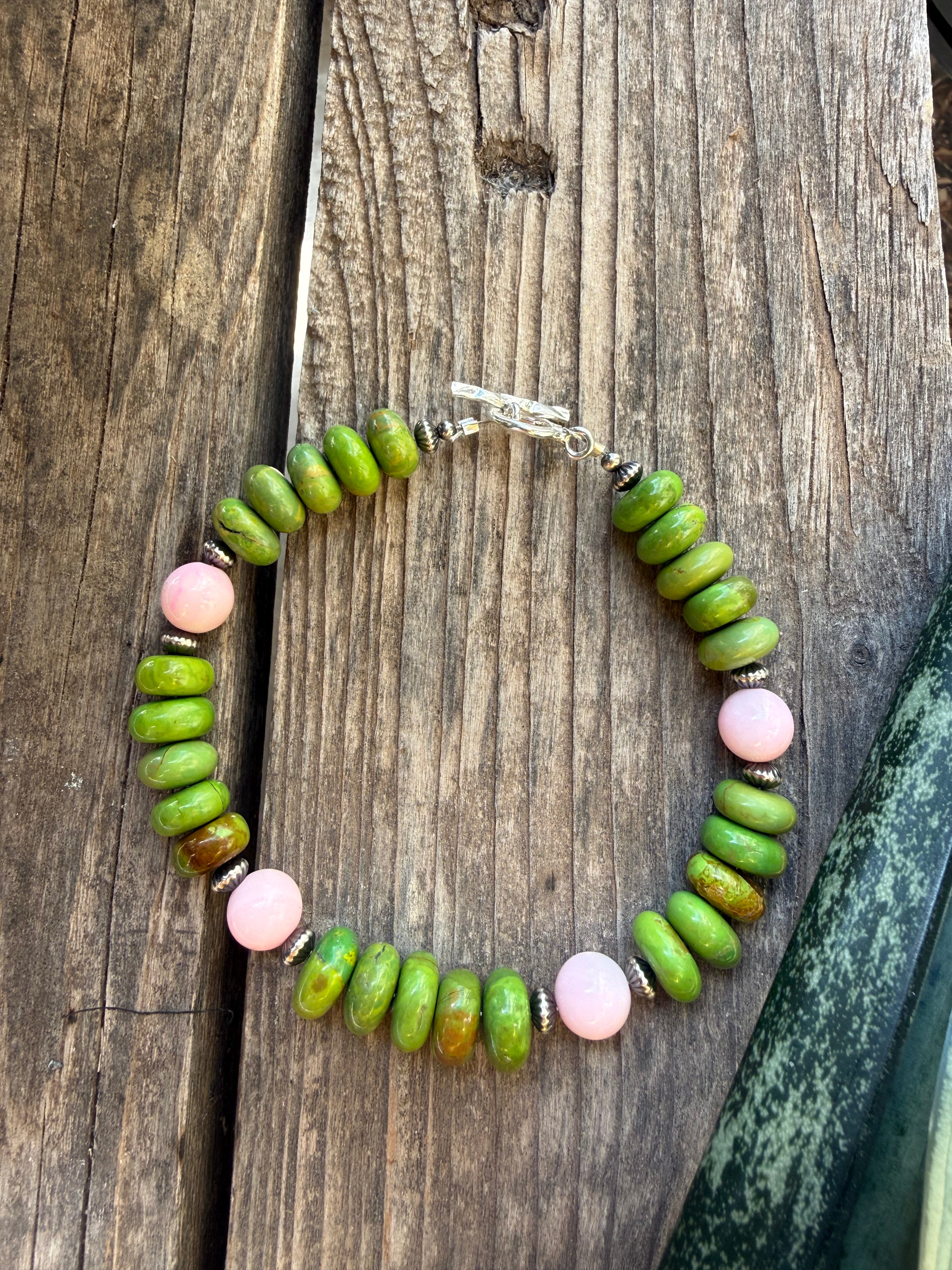 Pink conch and green mohave bracelet