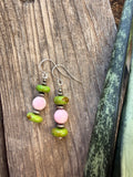 Pink conch and green Mohave earrings